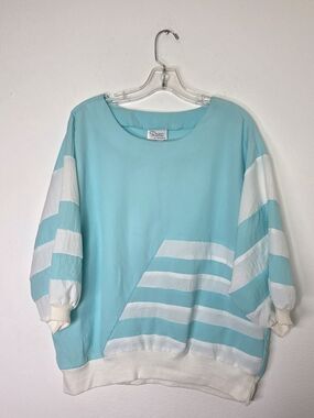 Vintage Remo Of California 80' Turquoise White Striped Pullover Sweatshirt Top